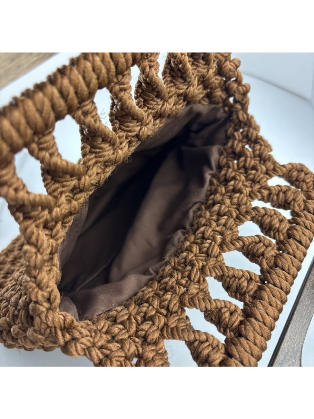 Vintage Crochet Handbag Brown Textured Purse Wooden Handles 9.5 X 14 Boho Retro - Picture 7 of 8
